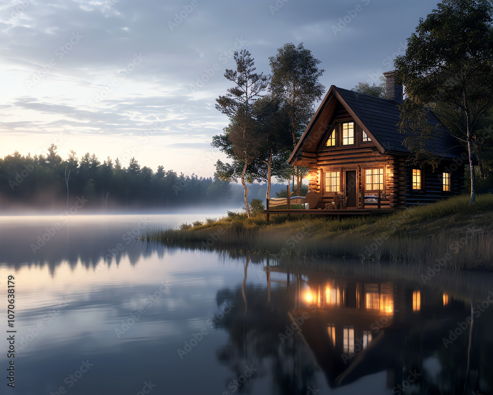 Fototapeta premium A serene lakeside cabin at sunrise