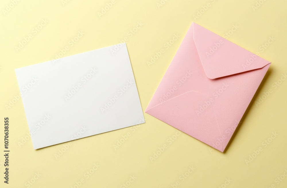 Blank White Card and Pink Envelope on Light Yellow Background, Flat Lay Composition with Copy Space Blank White Card and Pink Envelope on Light Yellow Background, Flat Lay Composition with Copy Space