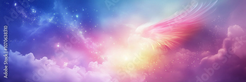 A radiant angelic wing emerges from soft clouds in a dreamlike sky of pinks and purples, symbolizing transcendence, hope, and a gentle connection to the divine.