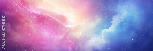 A radiant angelic wing emerges from soft clouds in a dreamlike sky of pinks and purples, symbolizing transcendence, hope, and a gentle connection to the divine.