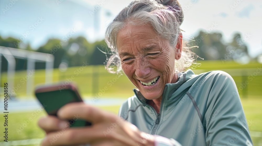 Humorous interaction between an older woman and her phone during a fitness routine in nature, highlighting social media and technologys role in sports and communication Humorous interaction between an older woman and her phone during a fitness routine in nature, highlighting social media and technologys role in sports and communication