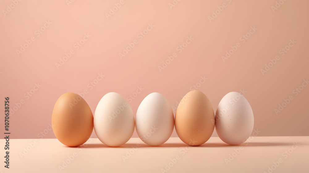 Fototapeta premium A simple display with chicken eggs set against a soft-colored background, representing nature