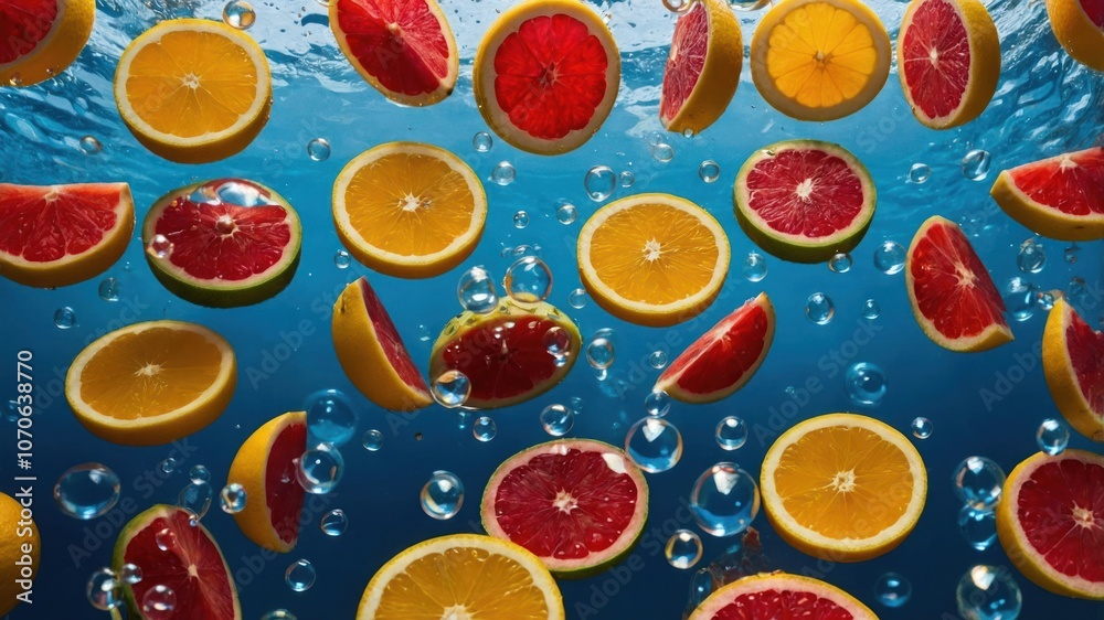 Vibrant citrus slices submerged in water with bubbles, creating a refreshing visual effect. Vibrant citrus slices submerged in water with bubbles, creating a refreshing visual effect.