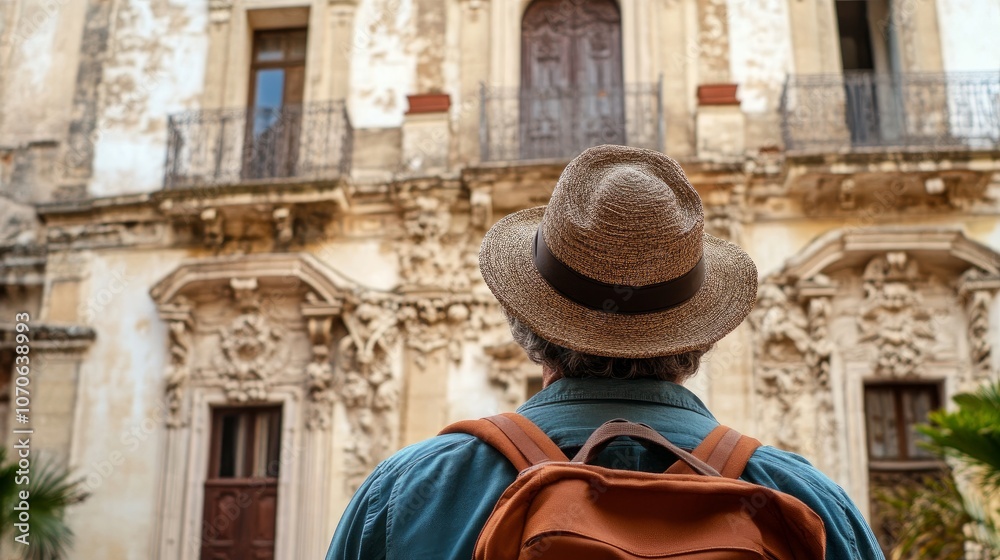 In front of Palazo Nicolaci in Noto, Sicily, a traveler with a hat. In front of Palazo Nicolaci in Noto, Sicily, a traveler with a hat.