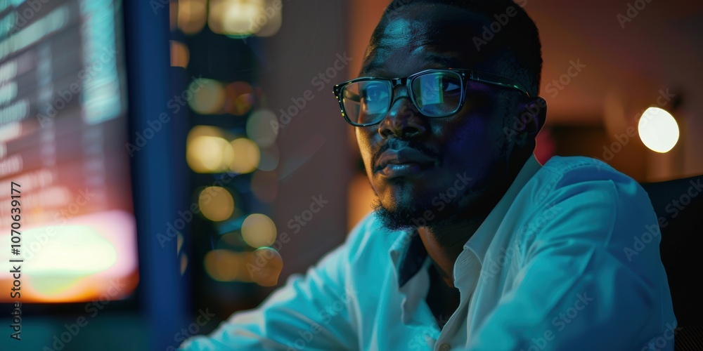 Professional accountant working late on a desktop, preparing a financial report and conducting online research in a startup environment Professional accountant working late on a desktop, preparing a financial report and conducting online research in a startup environment
