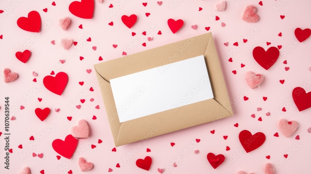 blank letter next to an envelope on a pink background with hearts. valentine's day concept