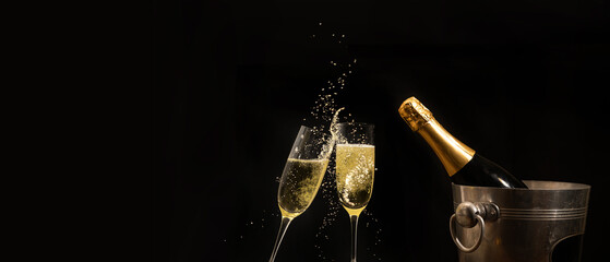 Silvester 2026 New year New Year's Eve Party, new years eve, birthday or celebration background panorama - Champagne bucket, champagne bottle, champagne glasses for toasting isolated black night sky