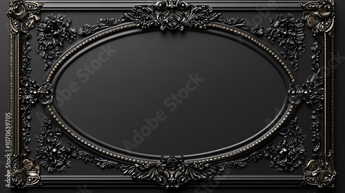 A sophisticated vertical frame with a black oval centerpiece, ideal for a bookplate or certificate. The design features decorative borders and a clean, isolated background.