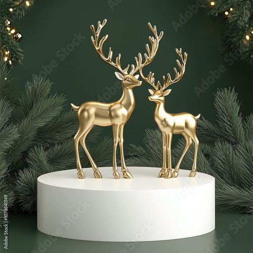 Elegant Gold Reindeer on Simple White Podium