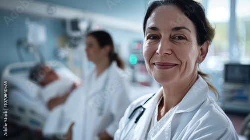 Portrait of a confident mature female doctor smiling in a medical setting, showcasing success in her profession with a stethoscope and health-themed mockup