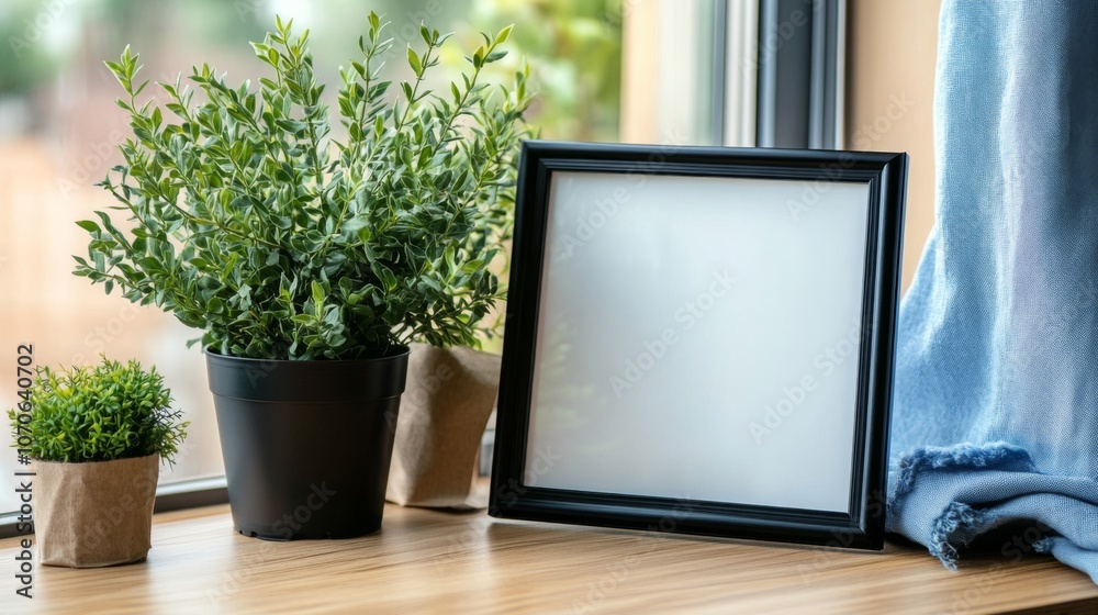 Indoor Plants and Empty Frame on Windowsill Indoor Plants and Empty Frame on Windowsill