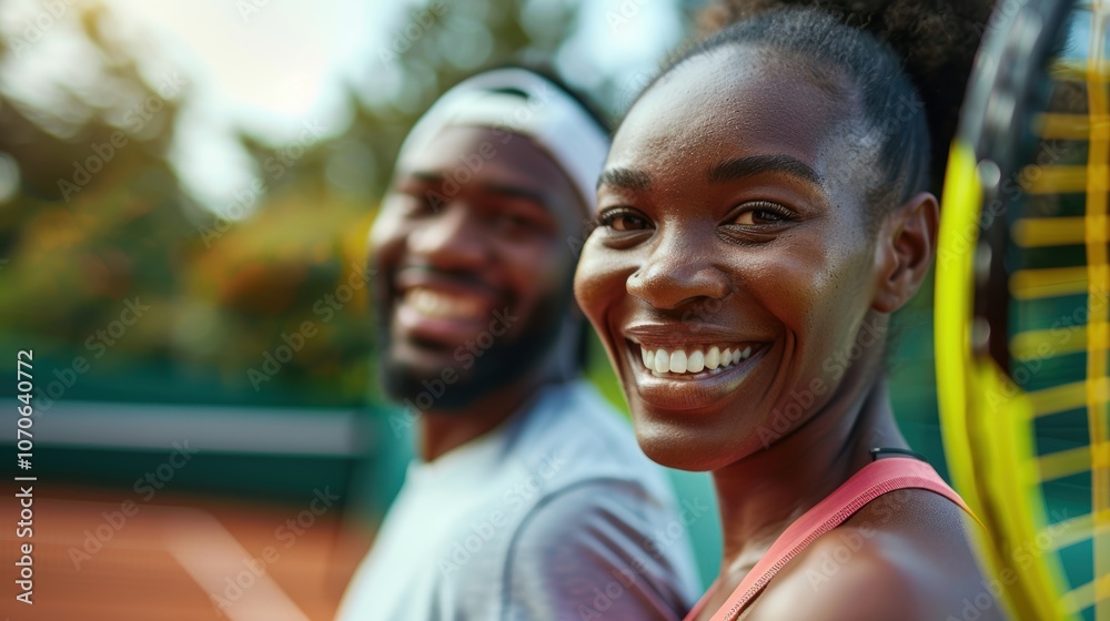 Joyful moments of a couple enjoying tennis practice outdoors, showcasing fitness and teamwork through sports activities Joyful moments of a couple enjoying tennis practice outdoors, showcasing fitness and teamwork through sports activities