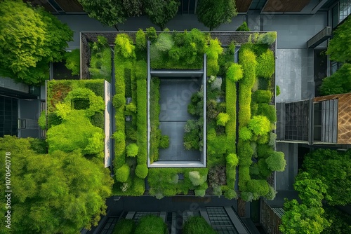 Aerial View of an Urban Vertical Garden with Lush Greenery Climbing Building Exteriors, Sustainable Living, Sustainability Illustration photo