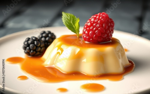 A creamy panna cotta topped with caramel sauce and fresh berries is ready to be enjoyed photo