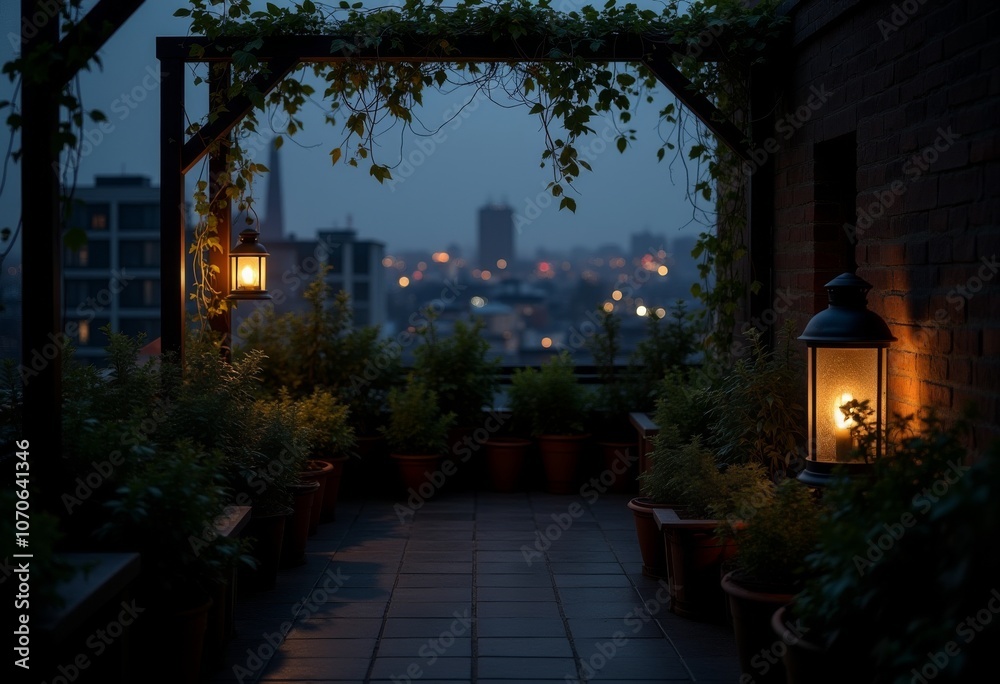A serene nighttime view from a rooftop garden with glowing lanterns and city lights in the distance A serene nighttime view from a rooftop garden with glowing lanterns and city lights in the distance