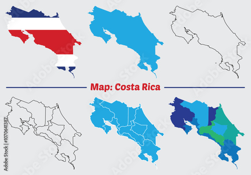 Map of Costa Rica with regions or states. administrative division, region, contour, outline bordar.