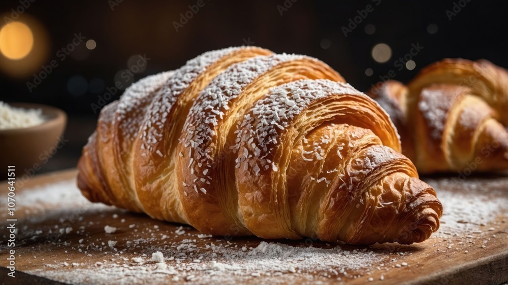 A freshly baked croissant dusted with powdered sugar on a wooden board. A freshly baked croissant dusted with powdered sugar on a wooden board.