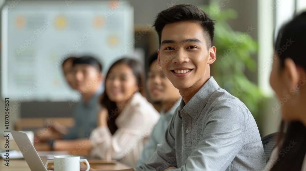 Businessman leading a team presentation on strategy and ideas, engaging with a diverse group of employees in an office meeting for a startup Businessman leading a team presentation on strategy and ideas, engaging with a diverse group of employees in an office meeting for a startup