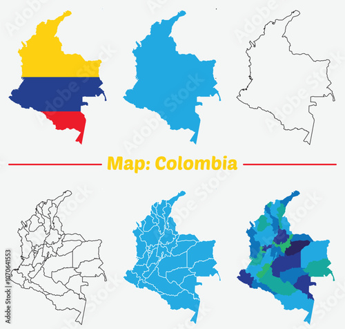 Colombia Map Set - Vector Solid, Contour, Regions, Flag, outline colorful.