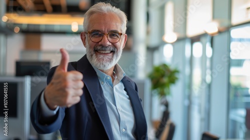 Successful mature businessperson giving a thumbs up, expressing happiness and approval in a portrait, symbolizing agreement and positive feedback