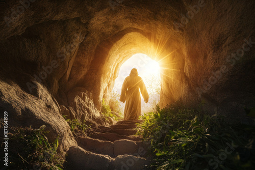 Jesus coming out of the tomb on the third day after he rose from the dead