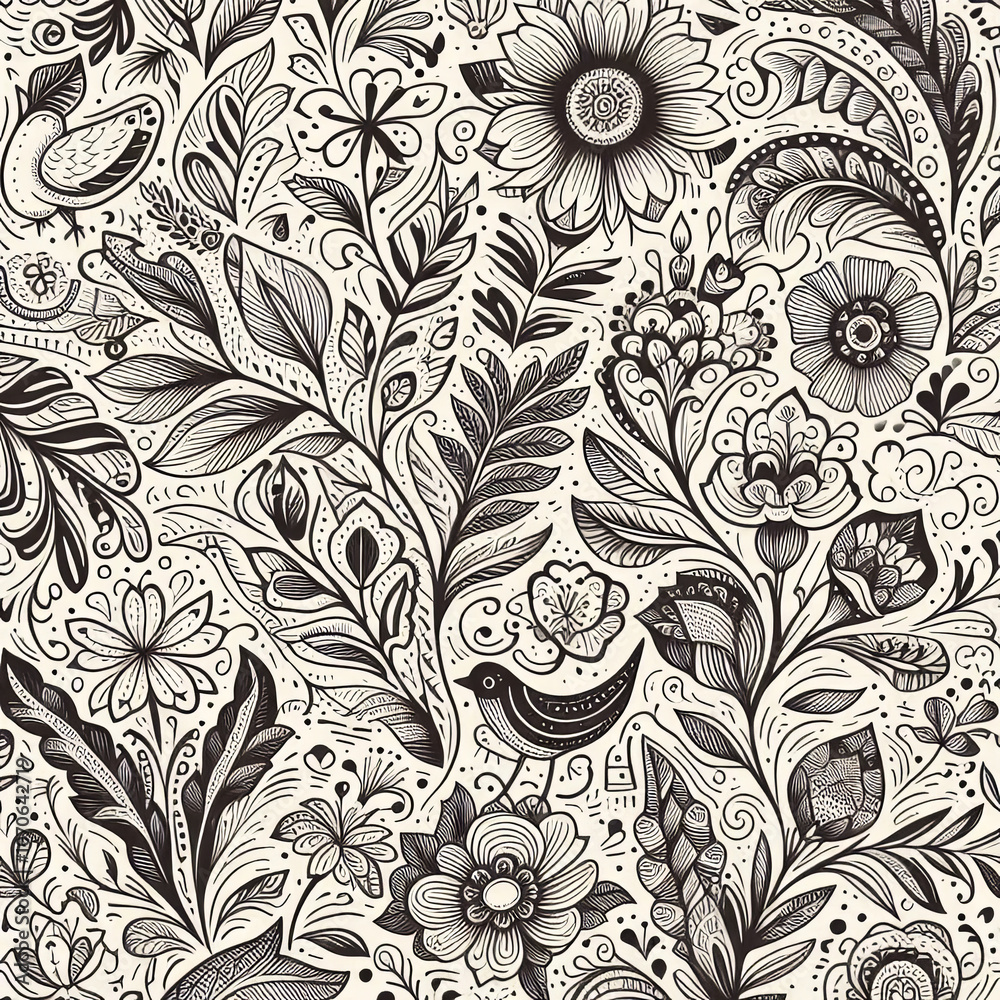 A cute floral pattern with cream, blue, yellow and purple flowers and dark stems and leaves on a white background. A cute floral pattern with cream, blue, yellow and purple flowers and dark stems and leaves on a white background.