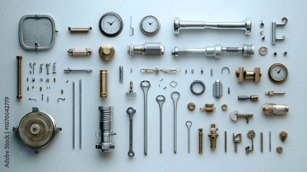 Collection of industrial metal parts and components, including screws, gears, nuts, bolts, and other machinery pieces, laid out on a white background.