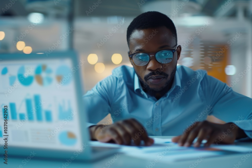 Fototapeta premium Business professional engaged in financial analysis and KPI review on a laptop at a desk, focusing on company objectives and online reports in a corporate environment