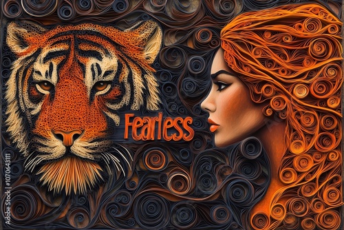 women empowerment - Fearless Woman Standing Tall with Tiger, Quilling Art Symbolizing Courage and Empowerment photo