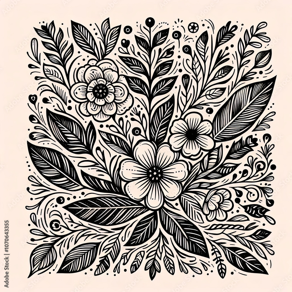 A cute floral pattern with cream, blue, yellow and purple flowers and dark stems and leaves on a white background. A cute floral pattern with cream, blue, yellow and purple flowers and dark stems and leaves on a white background.