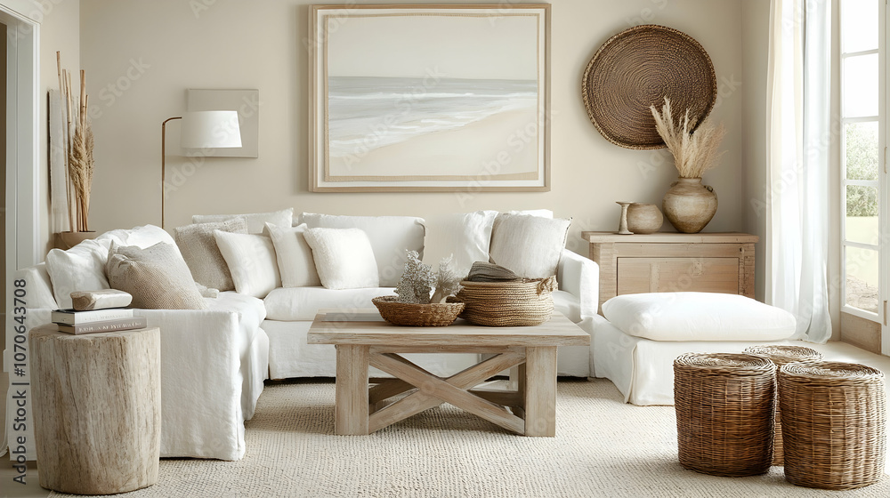 Fototapeta premium Minimalist Coastal-Inspired Living Room with Light Beige Walls, Soft White Sofa, Pale Wood Furniture, and Natural Elements