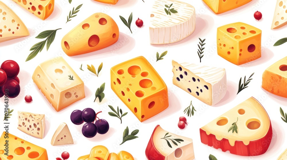 A Seamless Pattern of Assorted Cheeses, Berries, and Greenery