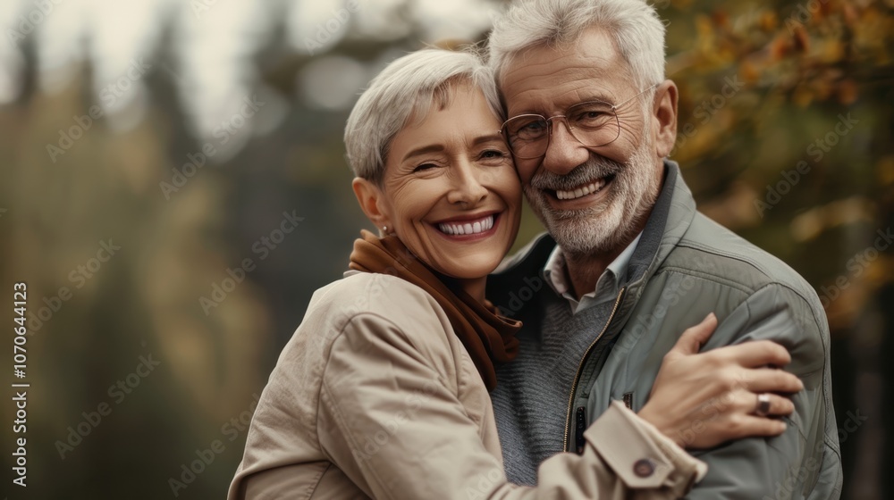 Elderly couple embracing in a garden during a romantic outing, enjoying fresh air and each others company with smiles and happiness Elderly couple embracing in a garden during a romantic outing, enjoying fresh air and each others company with smiles and happiness