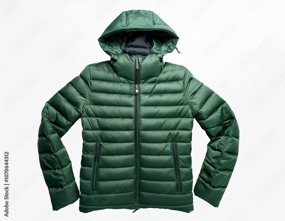 A quilted puffer jacket in deep green, displayed with the hood and zipper details on a white background with copy space A quilted puffer jacket in deep green, displayed with the hood and zipper details on a white background with copy space