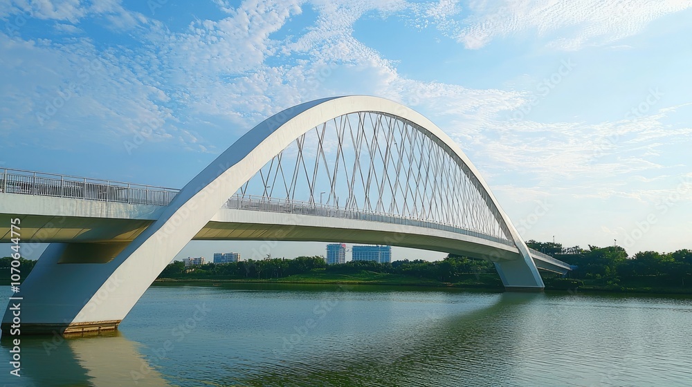 Obraz premium Modern white arch bridge over a river with blue sky and green trees in the background.