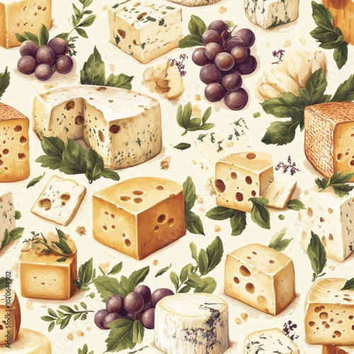 A Seamless Pattern Featuring Various Cheeses, Grapes, and Herbs photo