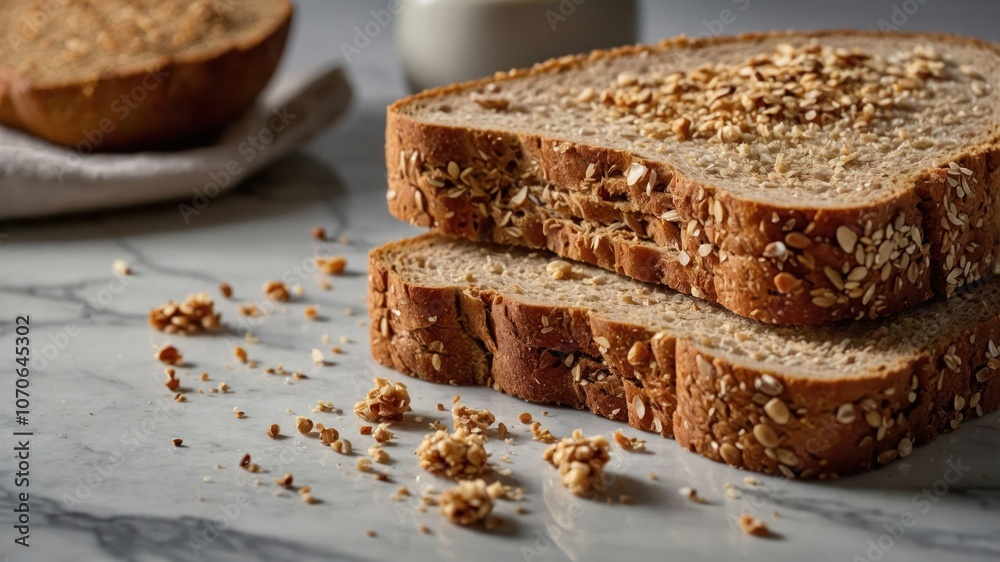 Slices of whole grain bread with oats on a marble surface, highlighting a healthy breakfast option. Slices of whole grain bread with oats on a marble surface, highlighting a healthy breakfast option.
