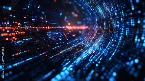 Abstract digital data background. Panoramic high speed technology concept, light abstract background. Image of speed motion on the road. Abstract background in neon glow colors illustration.