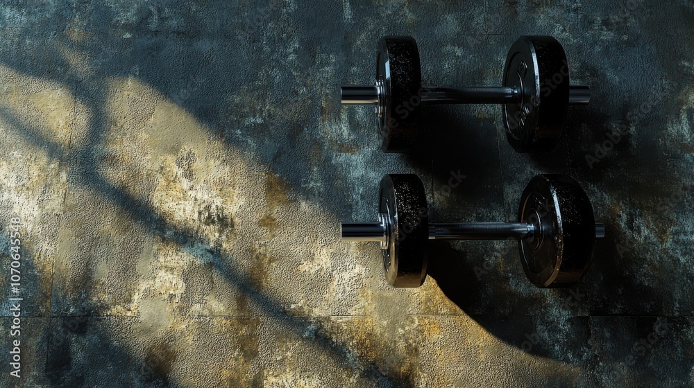 Two black dumbbells sit on a textured surface, surrounded by beautiful sunlight and shadow patterns, suggesting an ideal space for a workout routine. Two black dumbbells sit on a textured surface, surrounded by beautiful sunlight and shadow patterns, suggesting an ideal space for a workout routine.