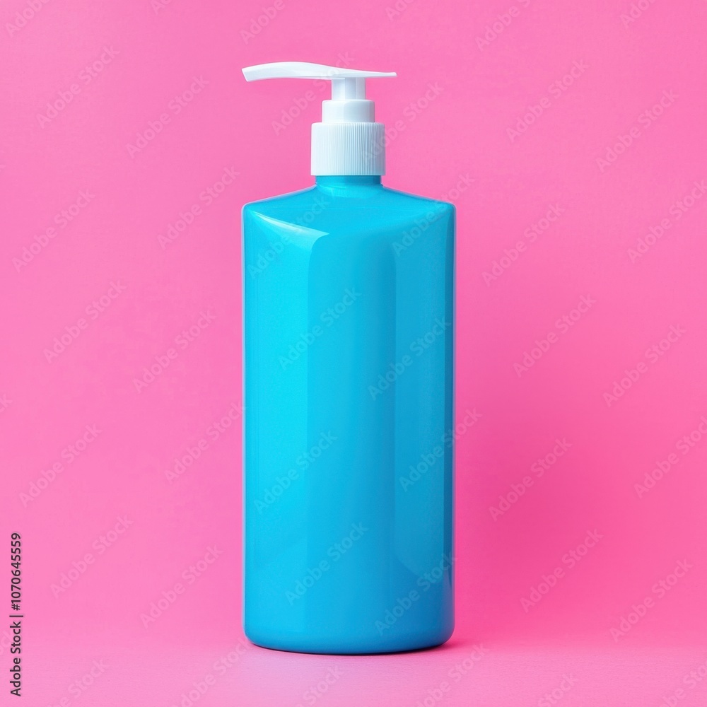 A vibrant blue bottle pump on a pink background, ideal for dispensing liquids like lotion or soap. A vibrant blue bottle pump on a pink background, ideal for dispensing liquids like lotion or soap.
