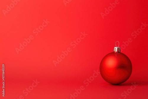 A single glossy red Christmas ornament stands against a vibrant red background, exuding a festive and cheerful holiday spirit.