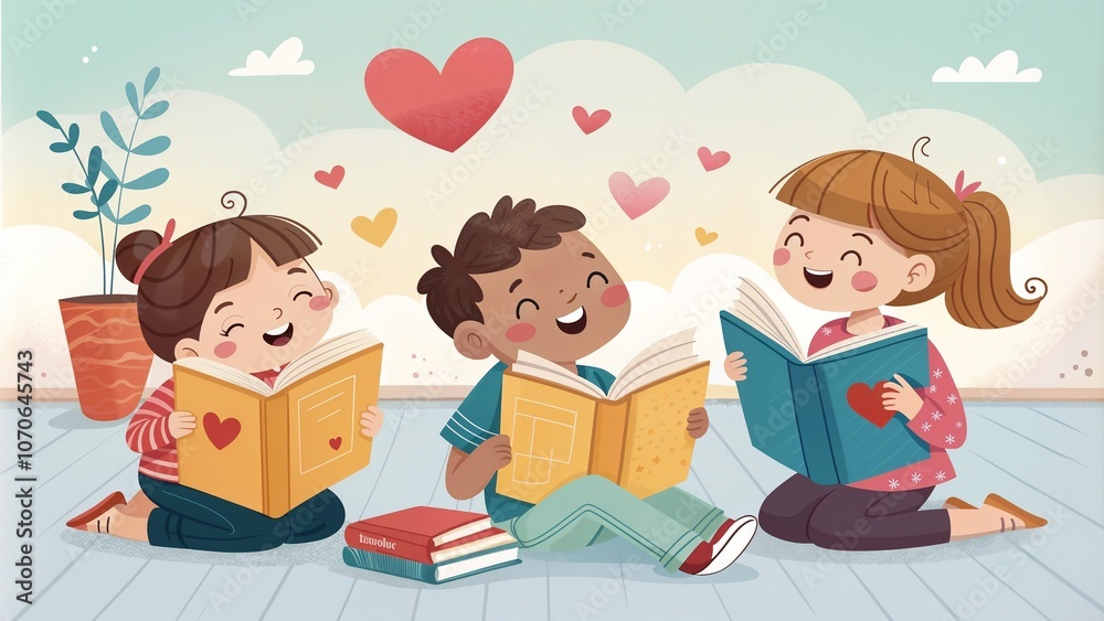 Three happy children reading books together with joy and laughter on a sunny day Three happy children reading books together with joy and laughter on a sunny day