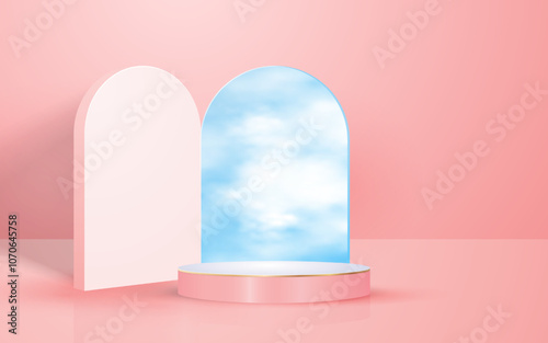 Round 3d scene podium with open arch doors and blue sky pastel pink background perfect for event promotion cosmetic product presentation mockup