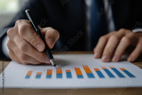 Person Holding a Pen Pointing Colorful Financial Charts, Analysis, Business Activities. Professional is Analyzing a Bar Graph, Data Trends, Report. Businessman Analyzing Document. Growth. Investment