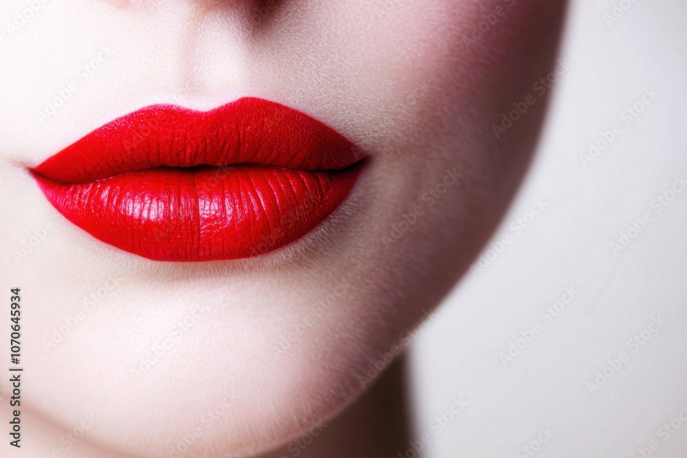 A close-up of beautifully styled lips featuring bold red lipstick, showcasing a smooth texture against a soft background.