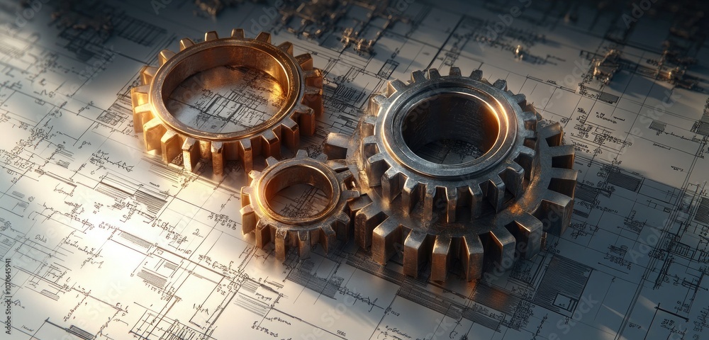 Fototapeta premium A mix of ancient-looking bronze and silver gears on an abstract background of equations and blueprints, symbolizing the fusion of historical ideas and modern problem-solving.