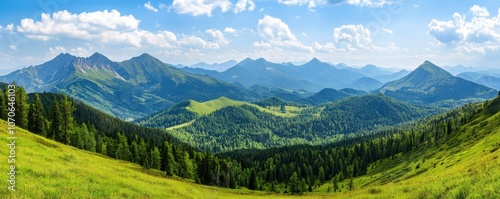 A panoramic view of lush green hills and mountains under a bright blue sky with fluffy clouds, showcasing stunning natural beauty.