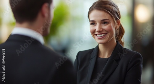 Happy young business woman bank manager businesswoman greets a male colleague before the meeting 