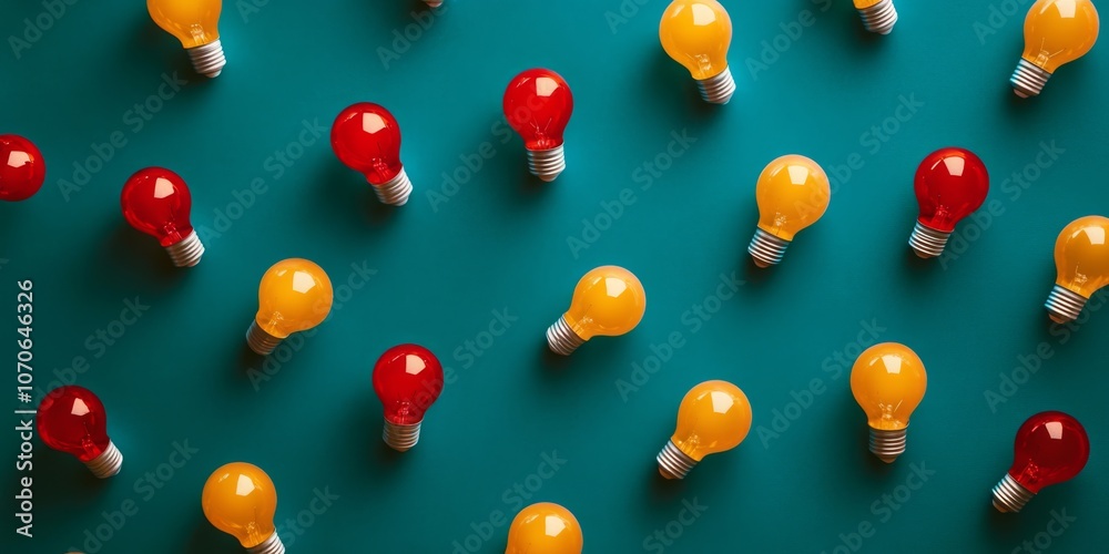 Colorful light bulbs on a vibrant turquoise background. Yellow, red light bulbs in a row on a color backdrop. Creativity, innovation, and bright ideas concept. Creative inspiration. Innovative notions Colorful light bulbs on a vibrant turquoise background. Yellow, red light bulbs in a row on a color backdrop. Creativity, innovation, and bright ideas concept. Creative inspiration. Innovative notions