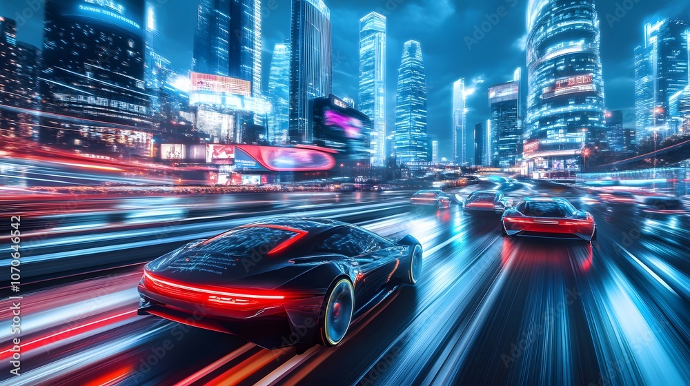 A futuristic cityscape with cars and holographic digital billboards, showcasing the integration of advanced technology in urban life A futuristic cityscape with cars and holographic digital billboards, showcasing the integration of advanced technology in urban life